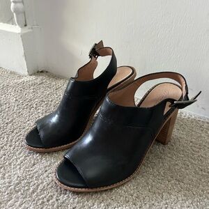 Madewell The Marie Black Leather Peep Toe 4 Inch Block Heel
